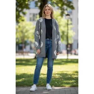 No Boundaries Gray Yin Yang Print Long Cardigan Sweater Women's Size M